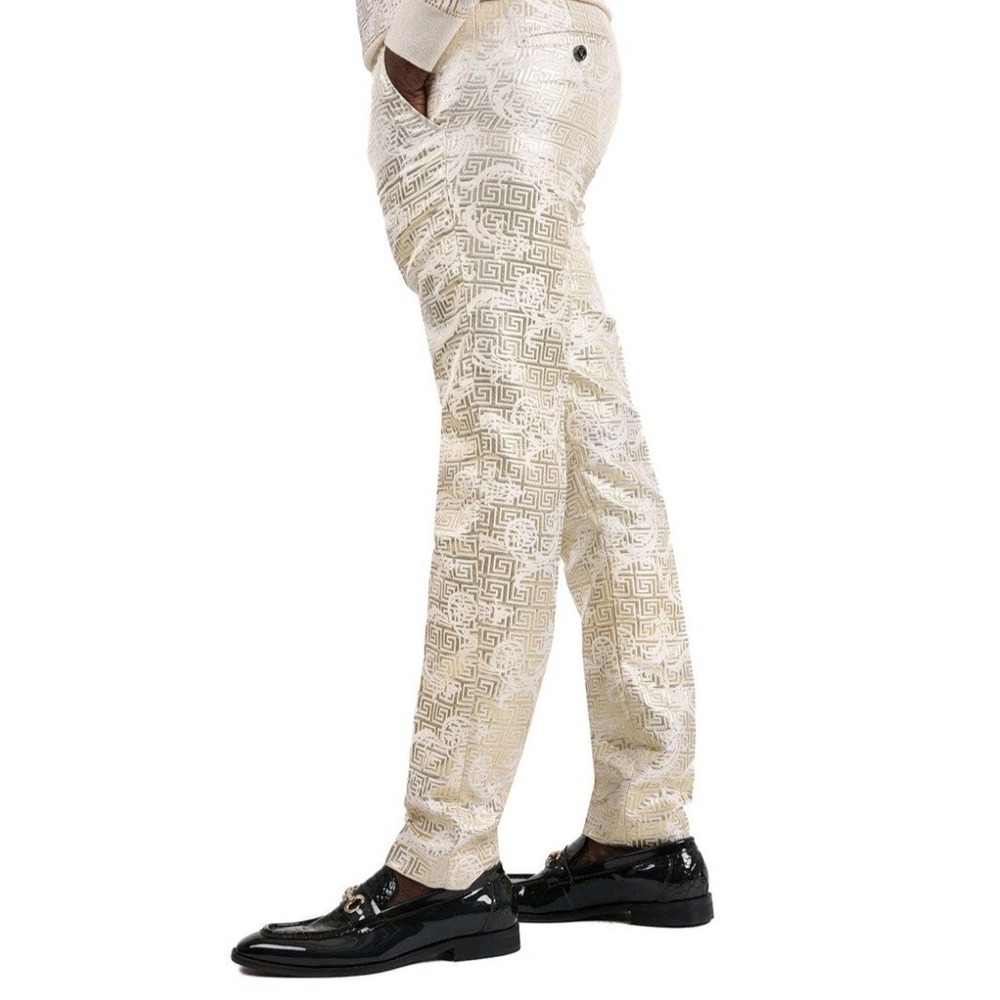 Barabas‎ Men's Shiny Greek Fret Prints Design Chino Pants Gold And White
